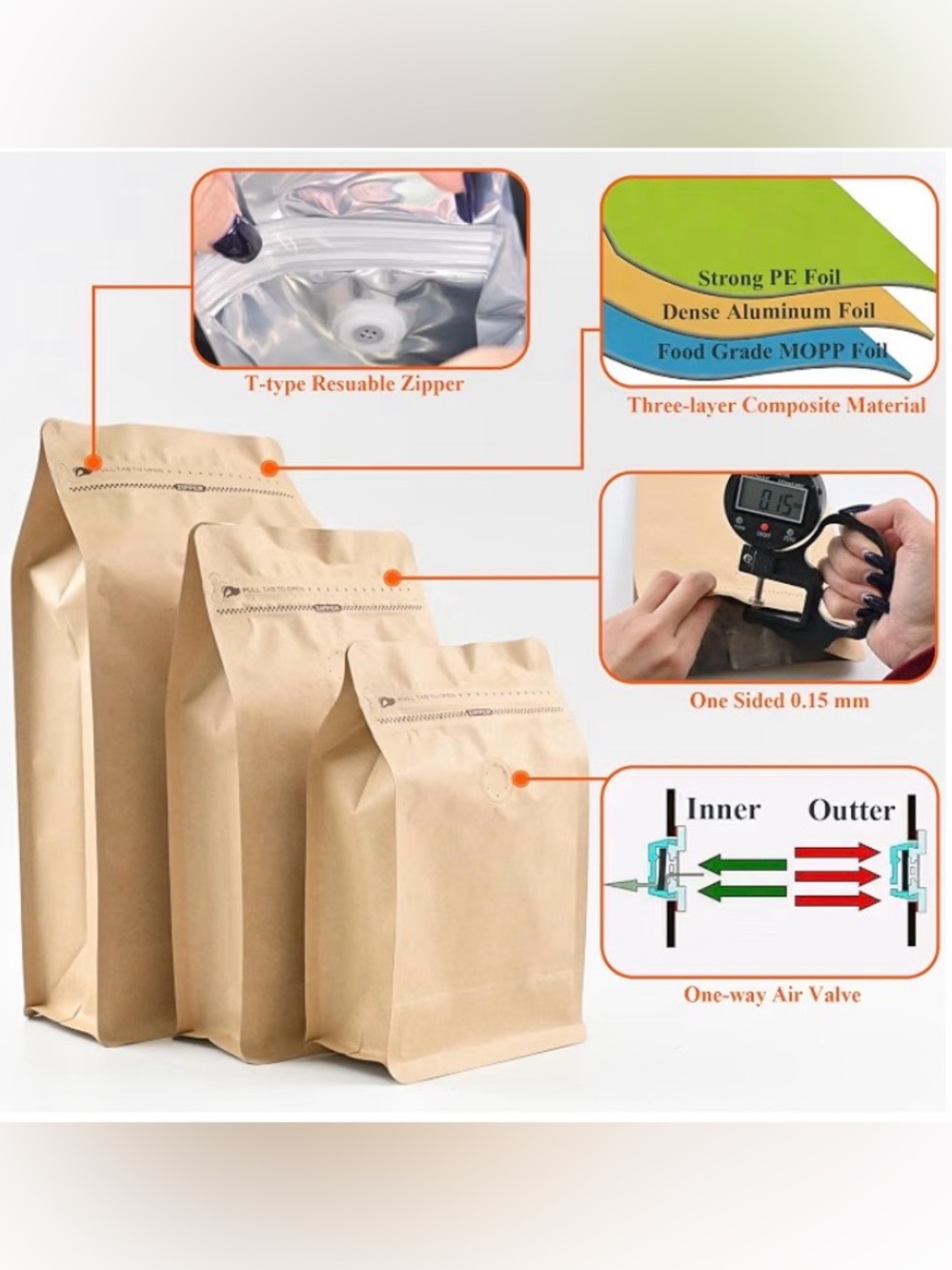 10pk Reusable Kraft Coffee Storage Bags with One-Way Valve - Brown
